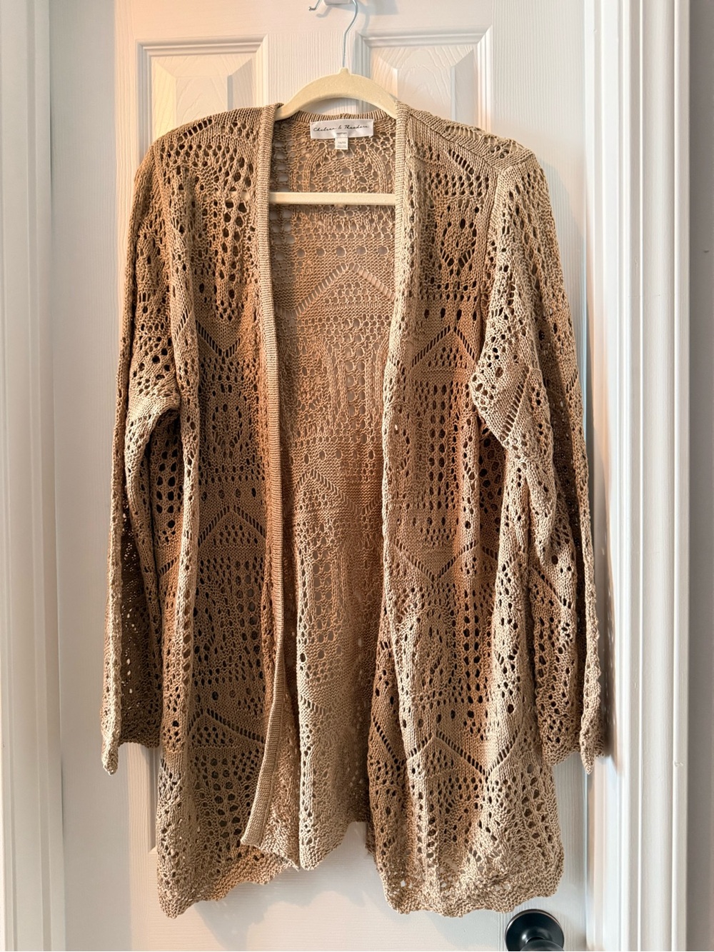 Chelsea & Theodore Tan Crochet Open-Front Cardigan